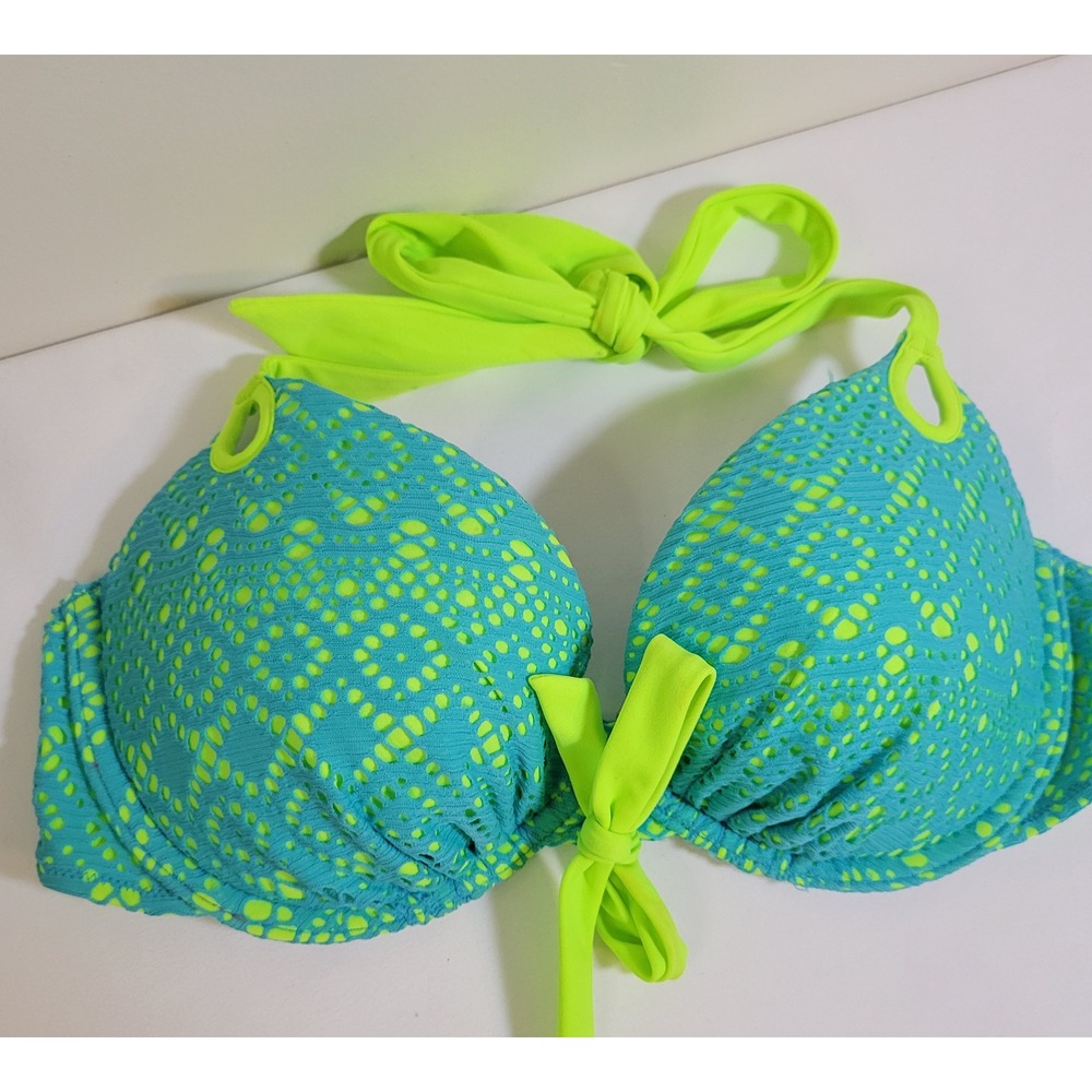 Victoria's Secret Bikini Set 34C M Turquoise Neon Lime Green Eyelet Lace Halter - Picture 4 of 6